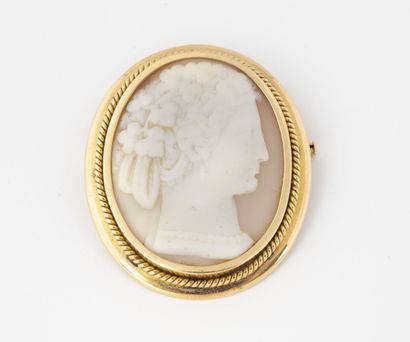 null Yellow gold (750) brooch holding a cameo on shell with a woman in profile with...