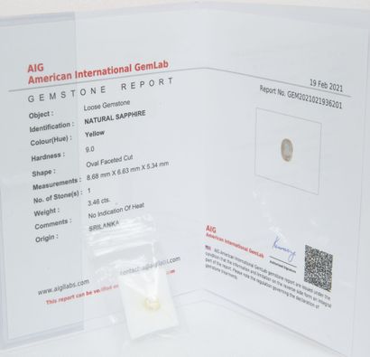 null Saphir jaune sur papier de 3.46 carats. 

Certificat AIG du 19/02/2021.