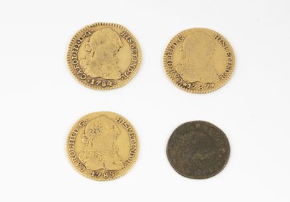 Espagne Lot de trois pièces de 1 escudos or, Charles III, 1784, 1785, 1787. 

Poids...