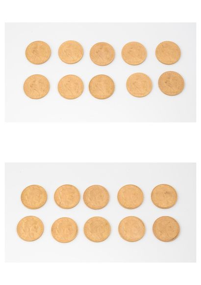 France Lot of ten 20 francs gold coins, republic, 1906, 1910 x 3, 1913 x 6.

Total...