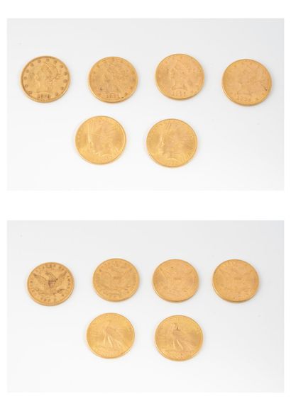 ETATS-UNIS Lot de six pièces de 10 dollars or, 1879, 1881, 1882, 1897, 1932 x 2.

Poids...