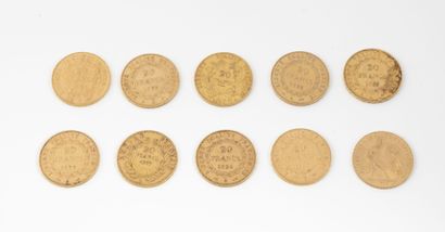 France Lot de dix pièces de 20 francs or, Cérès, République et Napoléon III, Paris,...