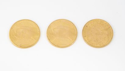 ETATS-UNIS Three 20 dollars gold coins, 1893, 1925, 1927.

Total weight : 100.2 g...