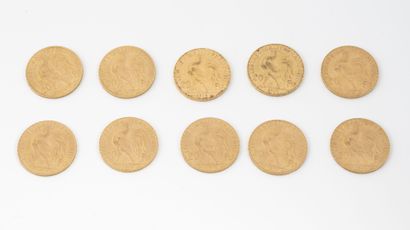 France Lot of ten 20 francs gold coins, IIIrd Republic, 1900, 1906, 1910 x 4, 1913...