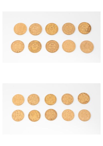 France Lot of ten 20 francs gold coins, Ceres, Republic and Napoleon III, Paris,...