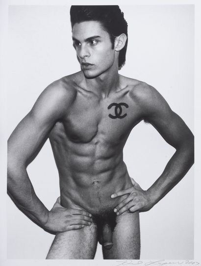 Karl LAGERFELD Baptiste GIABICONI naked, with the Chanel logo on the left side of...
