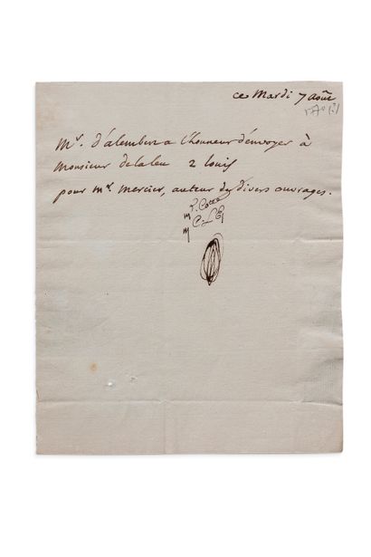 ALEMBERT Jean Le Rond d' (1717-1783). L.A. signed at head, August 7 [1770], to notary...