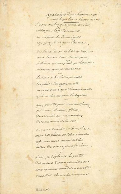voltaire (1694-1778). Autograph poem, Quatrains d'un homme qui avoit le malheur d'avoir...
