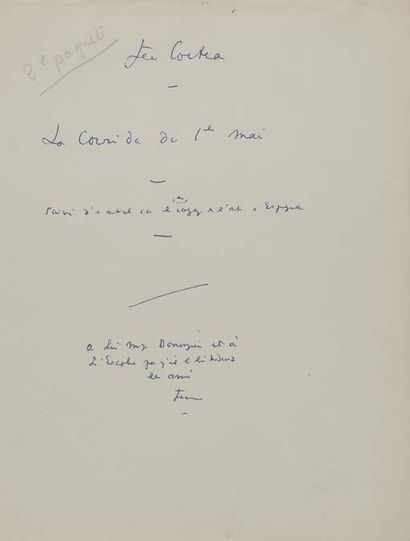 COCTEAU JEAN (1889-1963). MANUSCRIT autograph signed "Jean Cocteau", La Corrida du...