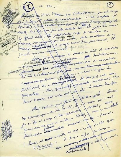 MONTHERLANT Henry de (1896-1972). Autograph drafts of his Reception Speech to the...