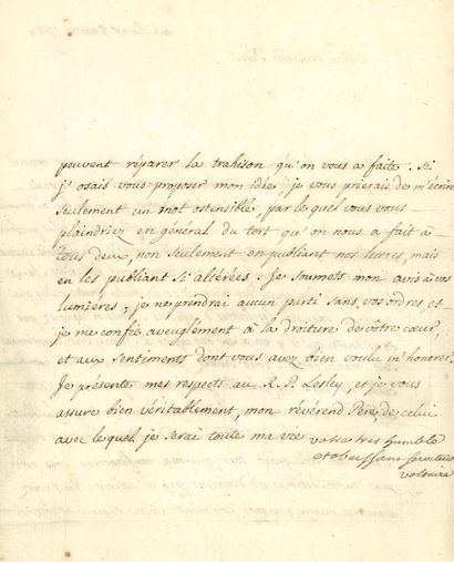 voltaire (1694-1778). L.S. «Voltaire» avec ajout autographe, Colmar 5 avril 1754,...