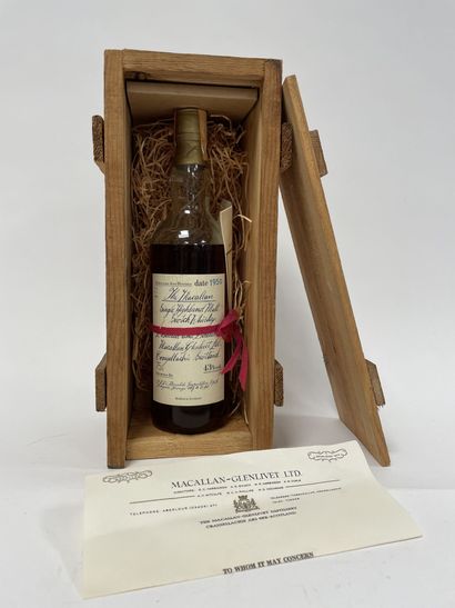 THE MACALLAN SINGLE HIGHLAND MALT SCOTCH WHISKY 1 bouteille, 1950. 

En caisse bois,...