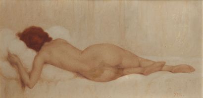 YREL (XXème siècle) Femme nue couchée. 
Huile sur panneau. 
Signée en bas à droite....