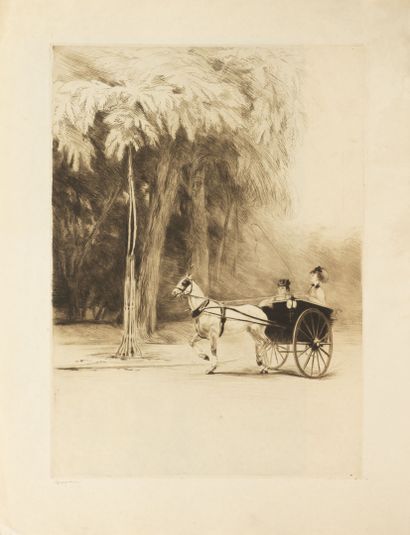 Edgar CHAHINE (1874-1947) Promenade en voiture à cheval. 
Eau-forte sur papier. 
Signé...