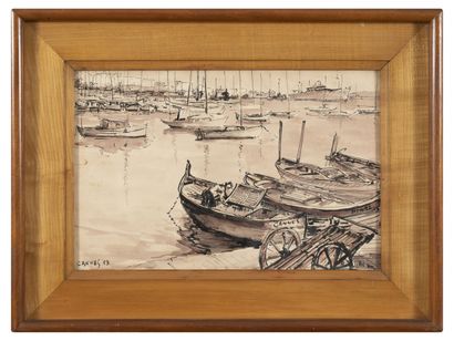 Roger VUILLEM (1897-1973) Le port de Cannes, 1953. 
Deux dessins à l'encre et lavis...
