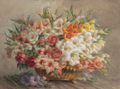 Lucie LOUPPE (1872-?) Centerpiece with flowers.

Watercolor on paper.

Signed lower...