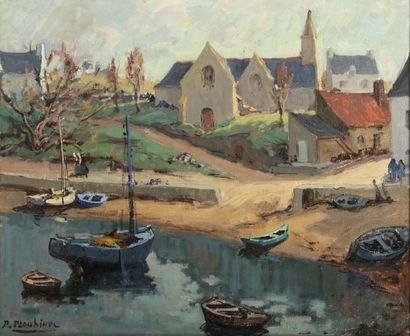 Pierre PLOUHINEC (1907-1984) Voiliers et barques à marée basse, au pied de l'église.

Huile...