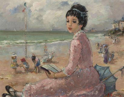 Jacqueline ALLEROUX (XXème siècle) Jeune femme assise, lisant, à la plage.

Huile...
