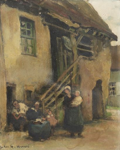 Jules René HERVÉ (1887-1981) Famille devant un corps de ferme. 

Huile sur papier...