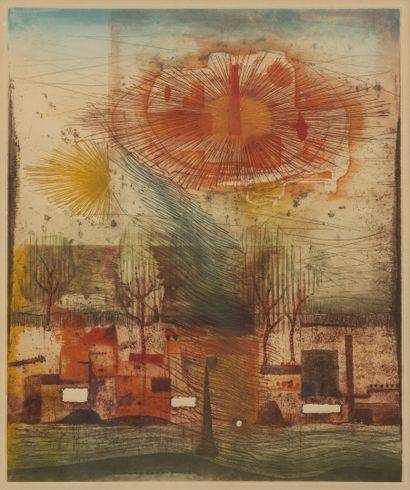 René CARCAN (1925-1993) Paysage au soleil levant.

Eau forte en couleur sur papier.

61...