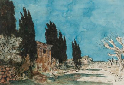 Roland OUDOT (1897-1981) La route dans les Alpilles. 
Fusain et aquarelle sur papier....