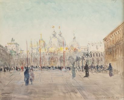 Alexis MOSSA (1844-1926) Venise, place saint Marc animée de personnages,1903. 
Aquarelle...