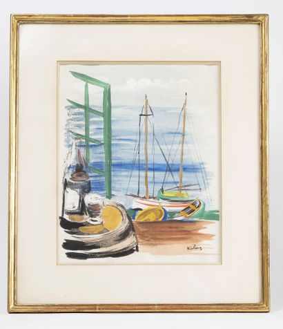 D'après Moïse KISLING (1891-1953) Le port de Cannes, 1952.

Lithographie rehaussée...