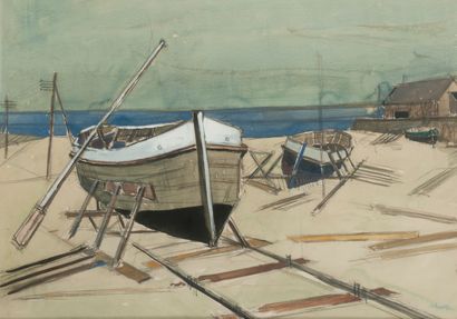Claude Aliotti (1925-1989) Barques à marée basse. 
Aquarelle et gouache sur papier....