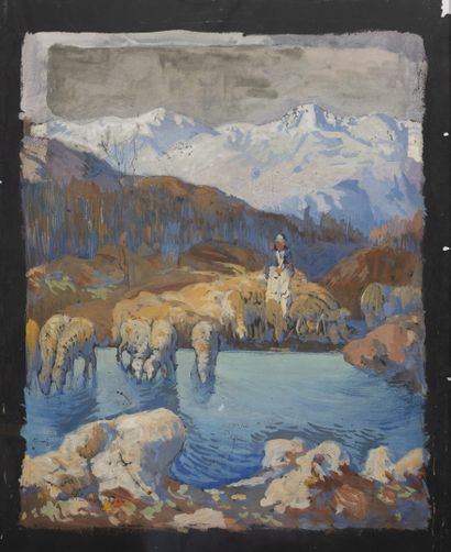 Sarkis KATCHADOURIAN (1886-1947) La bergère et son troupeau. 
Gouache sur papier...