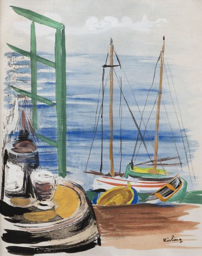 D'après Moïse KISLING (1891-1953) Le port de Cannes, 1952. 
Lithographie rehaussée...