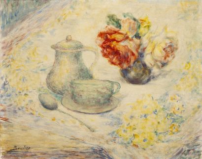Lucien BOULIER (1882-1963) Nature morte à la tasse et au bouquet. 
Huile sur isorel....