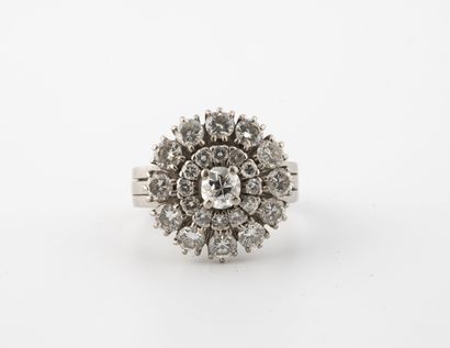 null Belle bague fleur en or gris (750) centrée d'un diamant de taille ancienne en...