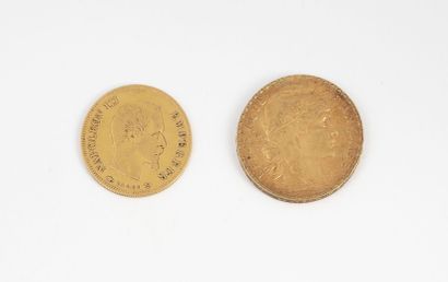 France Two gold coins : 

- one of 10 Francs, Napoleon III, Paris 1857.

Weight :...