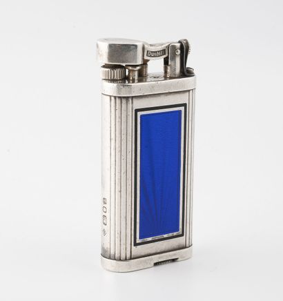 DUNHILL, Unique Silver gas lighter (min. 800) grooved and translucent blue enamel...