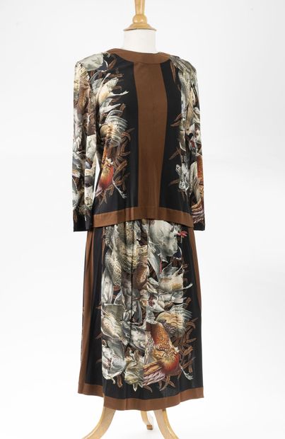 HERMES Paris Long-sleeved top and slit skirt set in viscose with pheasant motifs...