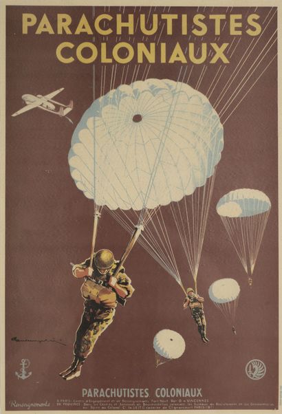  2 retirages d'affiches « Parachutistes Coloniaux » illustrée par Paul Lengellée....