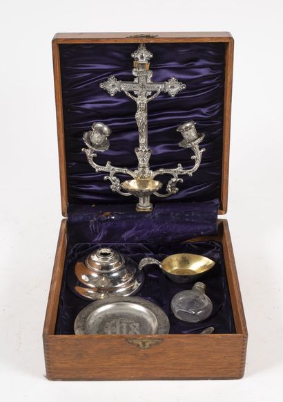 null Varnished wood chaplain's box containing, glass bottle, crucifix, and silver...