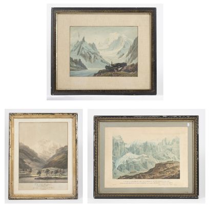 null Trois gravures colorées : 

- Vue de la vallée, et des glaciers, su Schwartzwald...