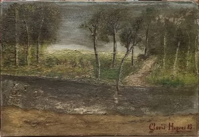 Clovis HUGUES (1851-1901) Tree-lined stream. [18]83.

Oil on canvas.

Signed and...