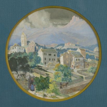 Georges BELNET (1876-1922) Village en Italie.

Aquarelle ronde.

Signée.

Diam. :...
