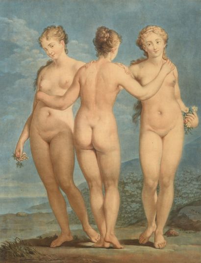 D'après Giovanni Antonio PELLEGRINI (1675-1741) Les trois Grâces.

Gravure colorée.

Signée...