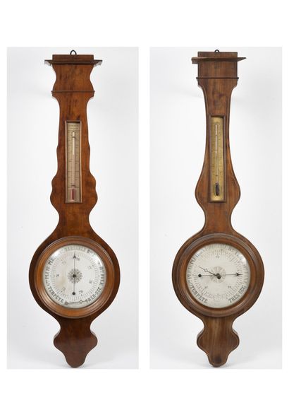 FRANCE, vers 1880-1900 Deux baromètres-thermomètres violonés en bois brun verni,...