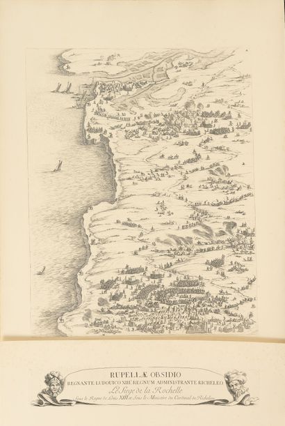 D'après Jacques CALLOT (1592-1635) Le Siège de la Rochelle. 
Petite planches titre...