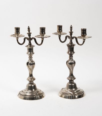 FRANCE, XIXEME SIECLE 
Six silver plated brass torches with inverted baluster shafts:




-...