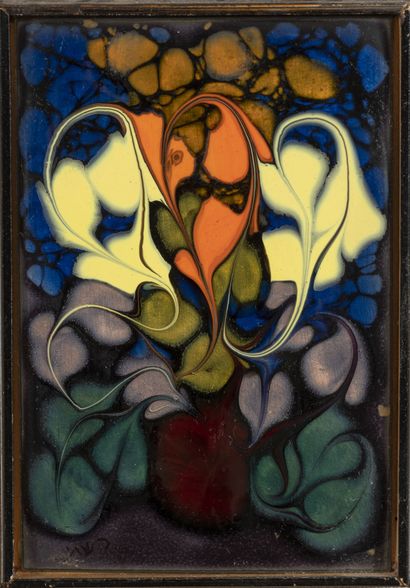null Lot de 6 plaques en cuivre émaillées :

- René RESTOUEIX (1924), Limoges

"Bouquet...