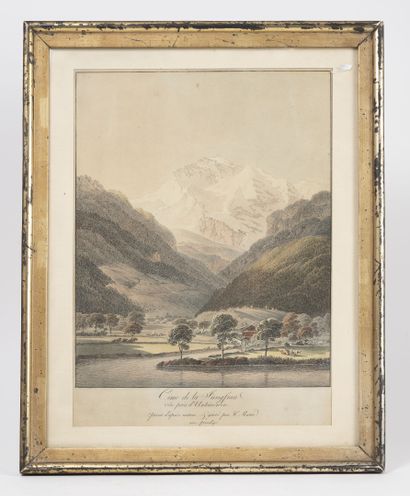 null Trois gravures colorées : 

- Vue de la vallée, et des glaciers, su Schwartzwald...