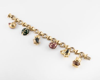 null Bracelet en or jaune (750) à maille fantaisie orné de six pendeloques en or...