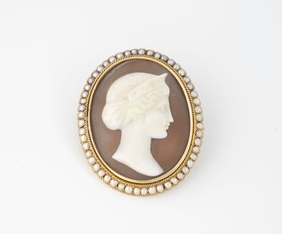 Medallion brooch in yellow gold (585) decorated...