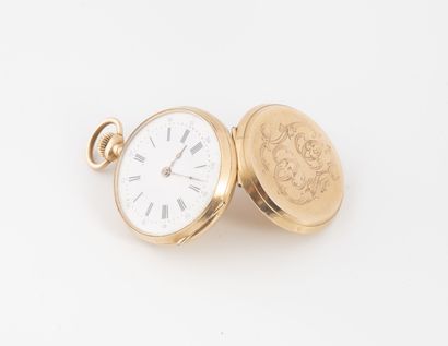 null Yellow gold (750) collar watch.

Back cover with numbers.

White enamelled dial,...