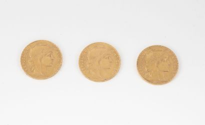 FRANCE Lot de trois pièces 20 francs or, Coq, 1907 (x1), 1912 (x2), Paris. 

Poids...